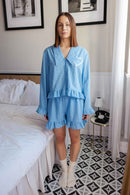 Niebieskie Spodenki "Slow Morning" z Kieszeniami i Falbanką