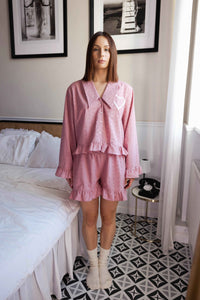 Różowe Spodenki "Slow Life" z Kieszeniami i Falbanką